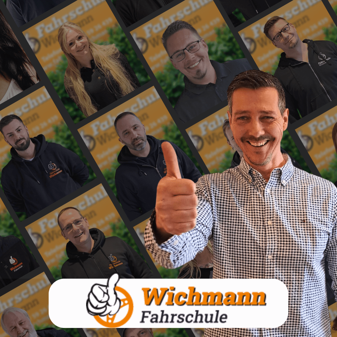 Kopie von Wichmann Social Media Fahrschüler Das Team der Fahrschule Wichmann begrüßt dich freundlich mit Daumen hoch und lächelnden Gesichtern vor Logo-Hintergrund.