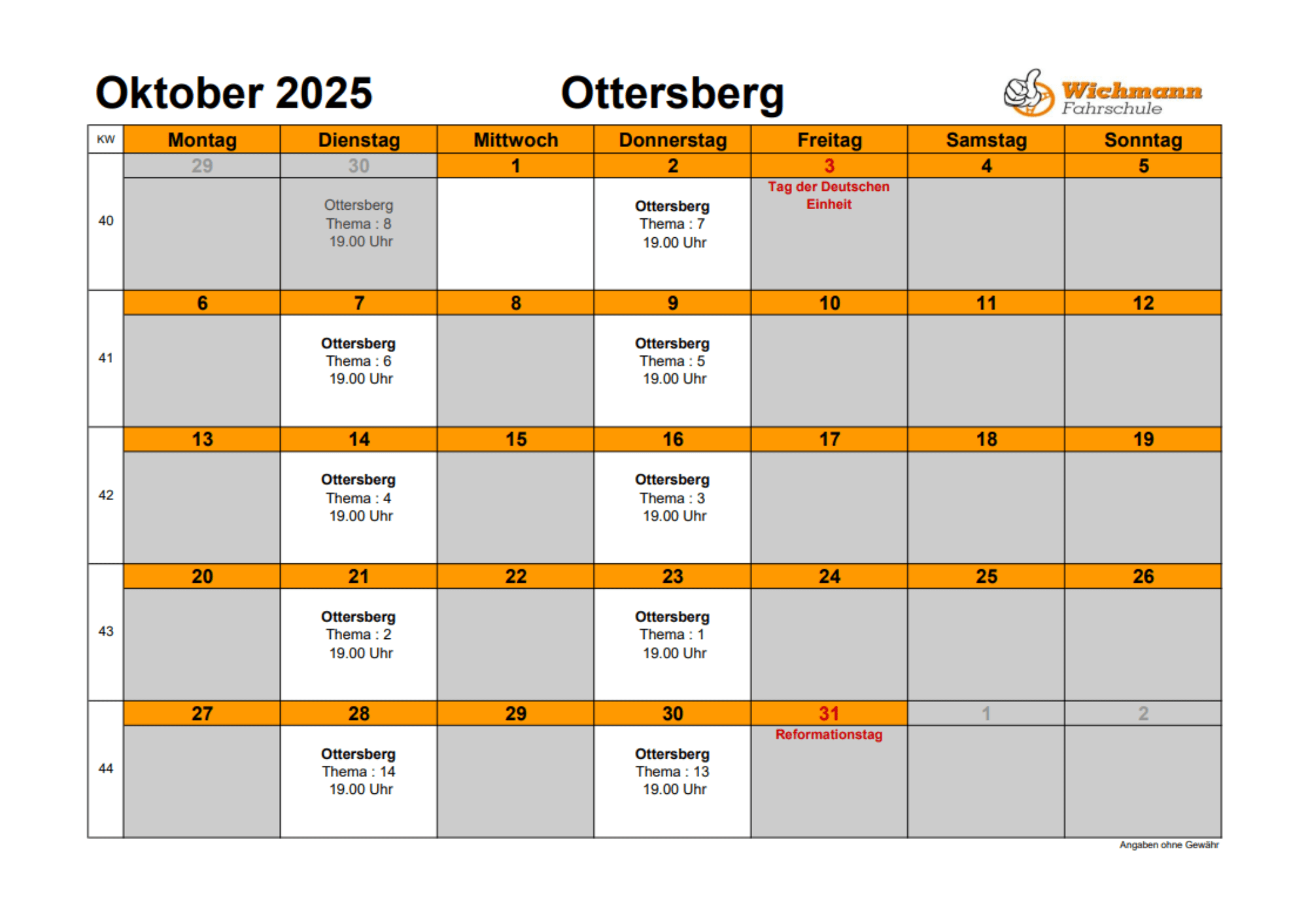 NEU Theorieplan Fahrschule Oktober 2025 Ottersberg