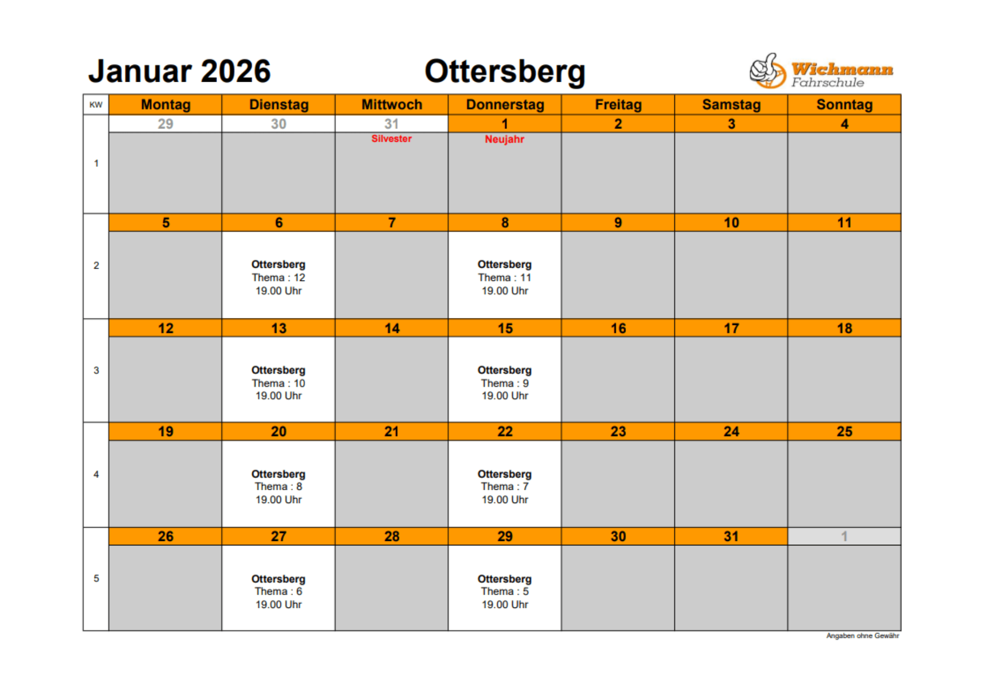 Stundenplan für den Theorieunterricht des Monats Juni 2025