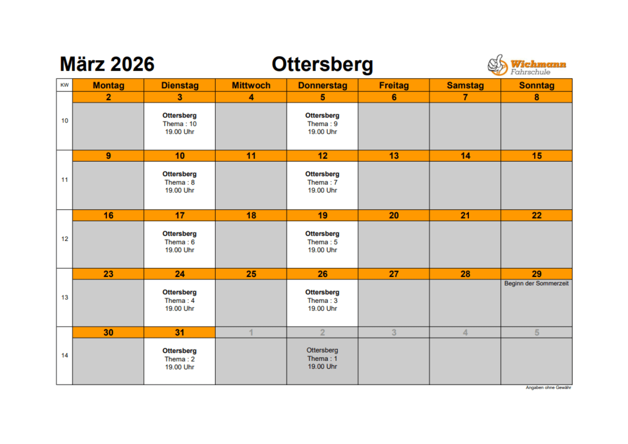 Stundenplan für den Theorieunterricht des Monats Juni 2025