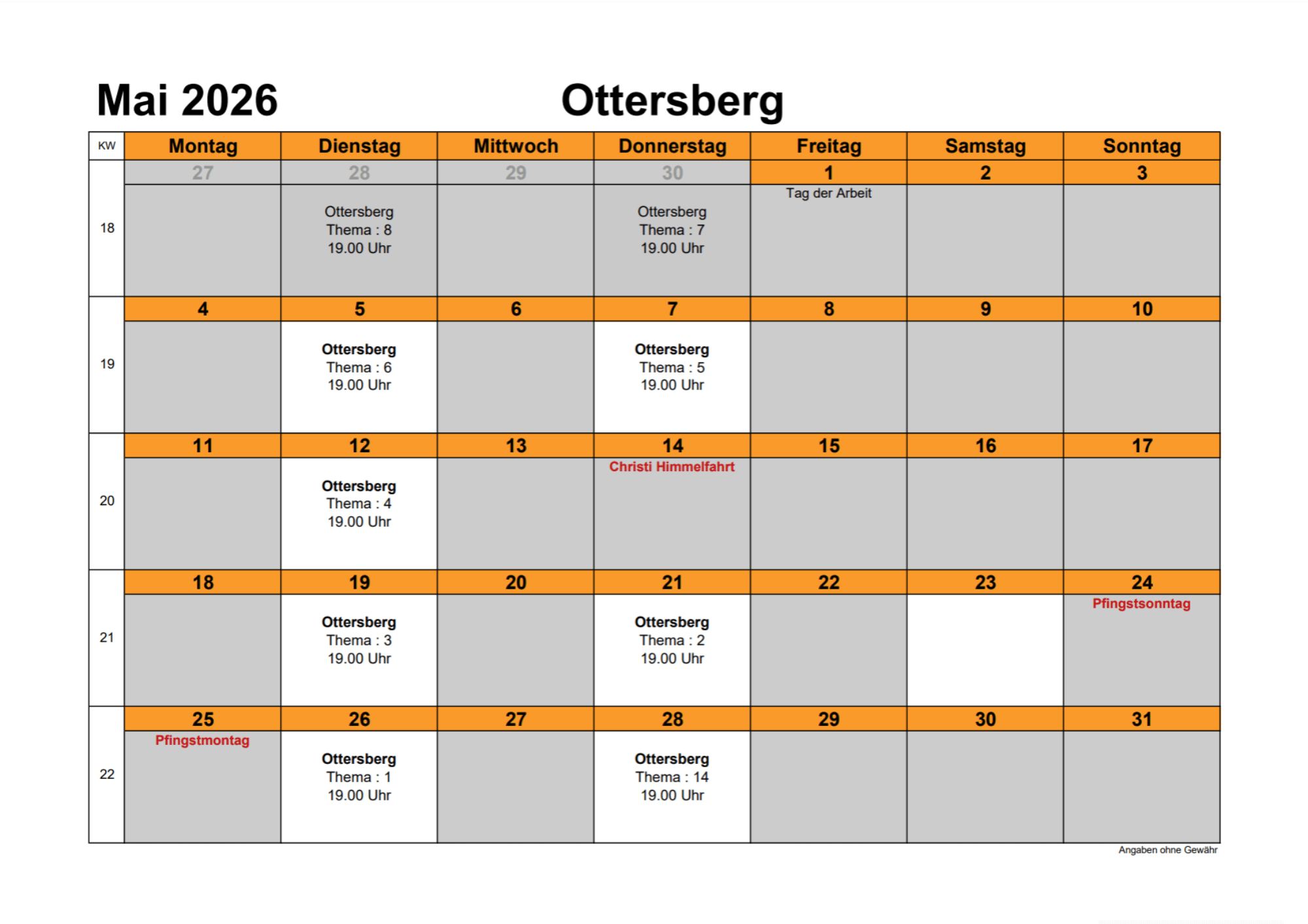 Stundenplan für den Theorieunterricht des Monats Juni 2025