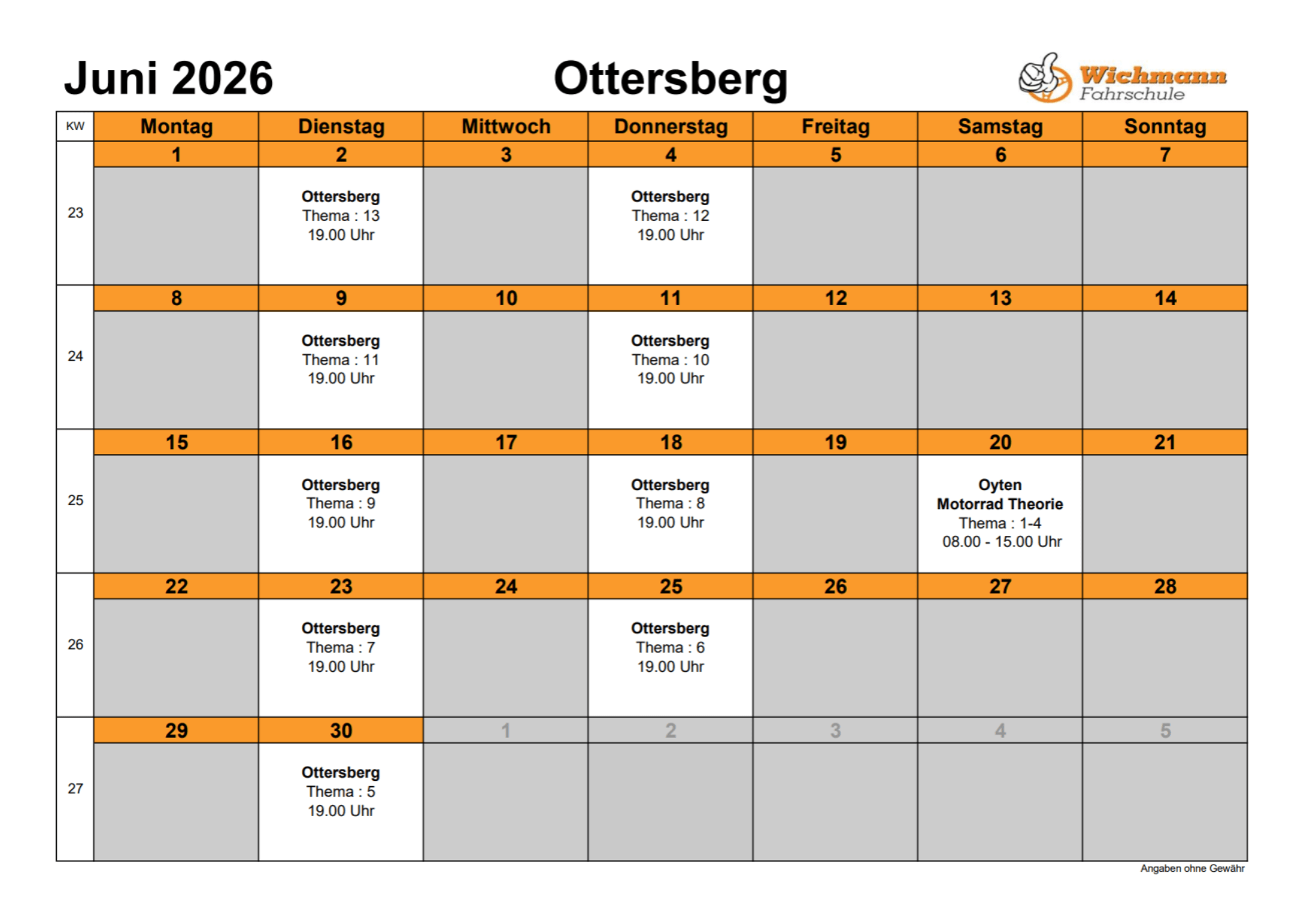 June 2026 Ottersberg calendar with orange headers and 19:00 events for topics 13–9 in white cards