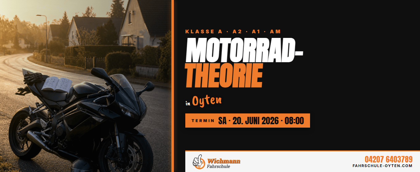 Sport motorcycle parked on a sunlit suburban street with an open notebook on the seat; bold orange-and-black event poster on the right.