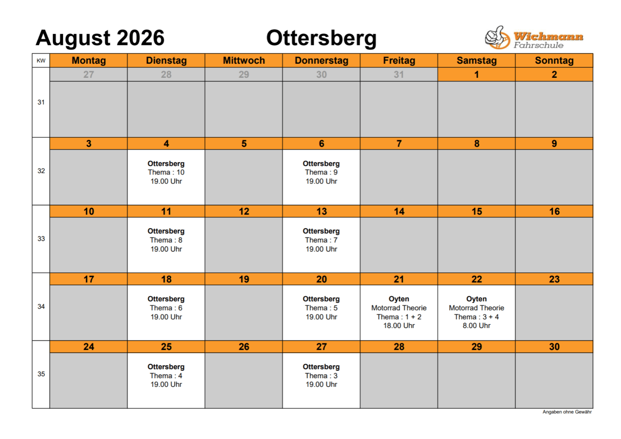 Ottersberg August 2026 calendar showing evening events titled 'Ottersberg Thema' at 19:00 on select dates.