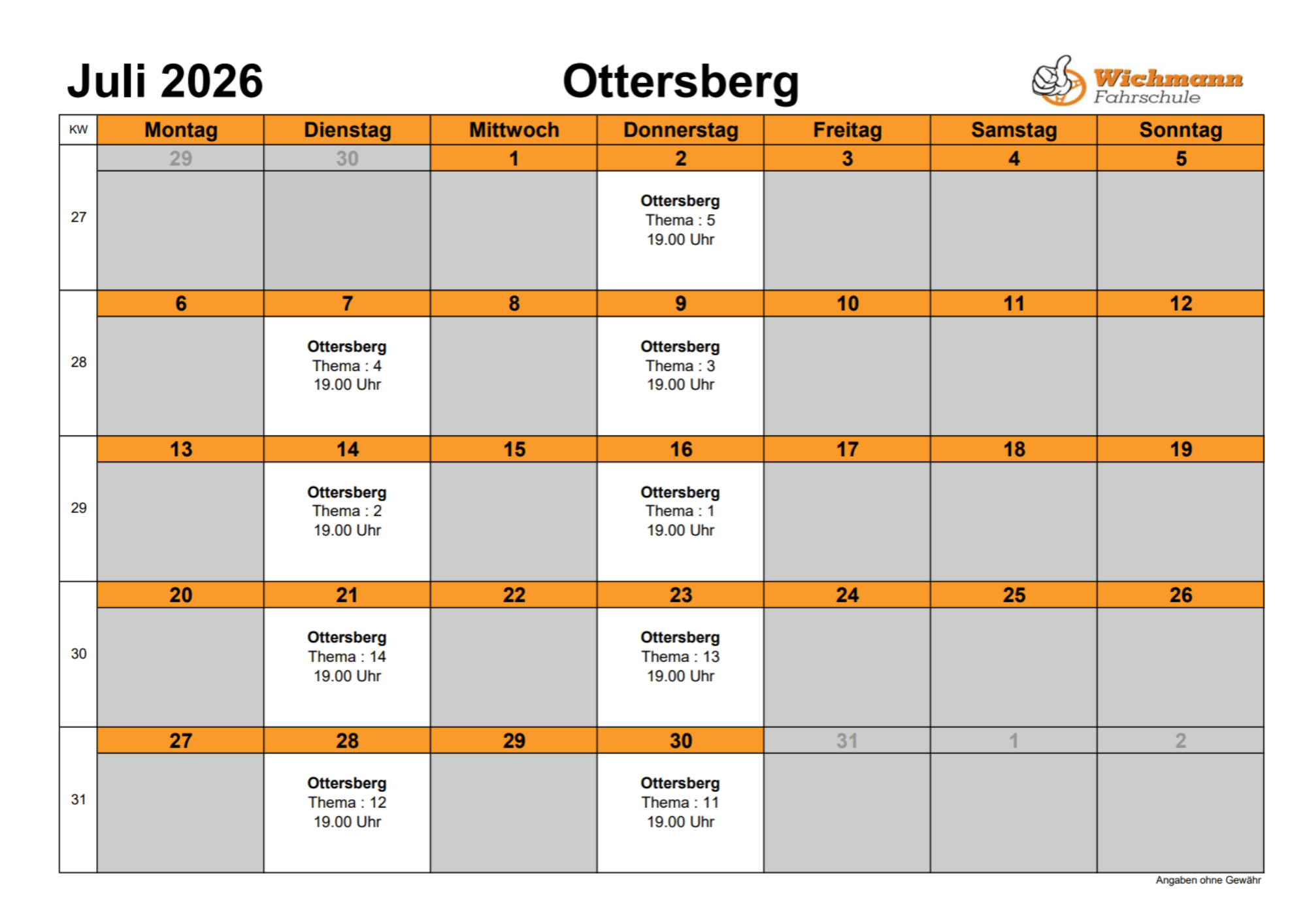 Stundenplan für den Theorieunterricht des Monats Juni 2025