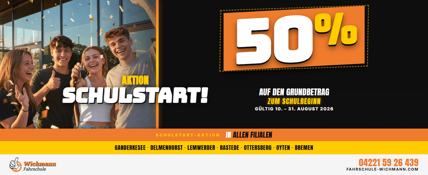 header-1360x558 Group of smiling teens celebrating outside as a bold 50% discount banner dominates the ad for a school-start promotion in German text, with branches listed below.