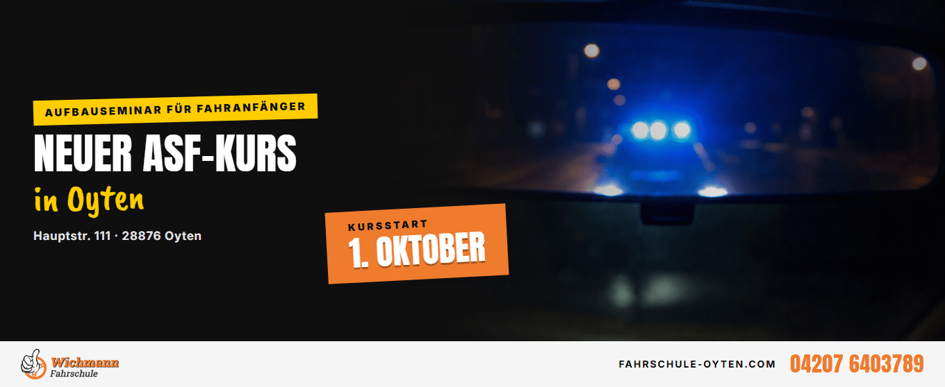 Werbebanner für neuen ASF-Kurs in Oyten, dunkler Hintergrund mit Blaulicht im Hintergrund und gelb-orange Akzente.