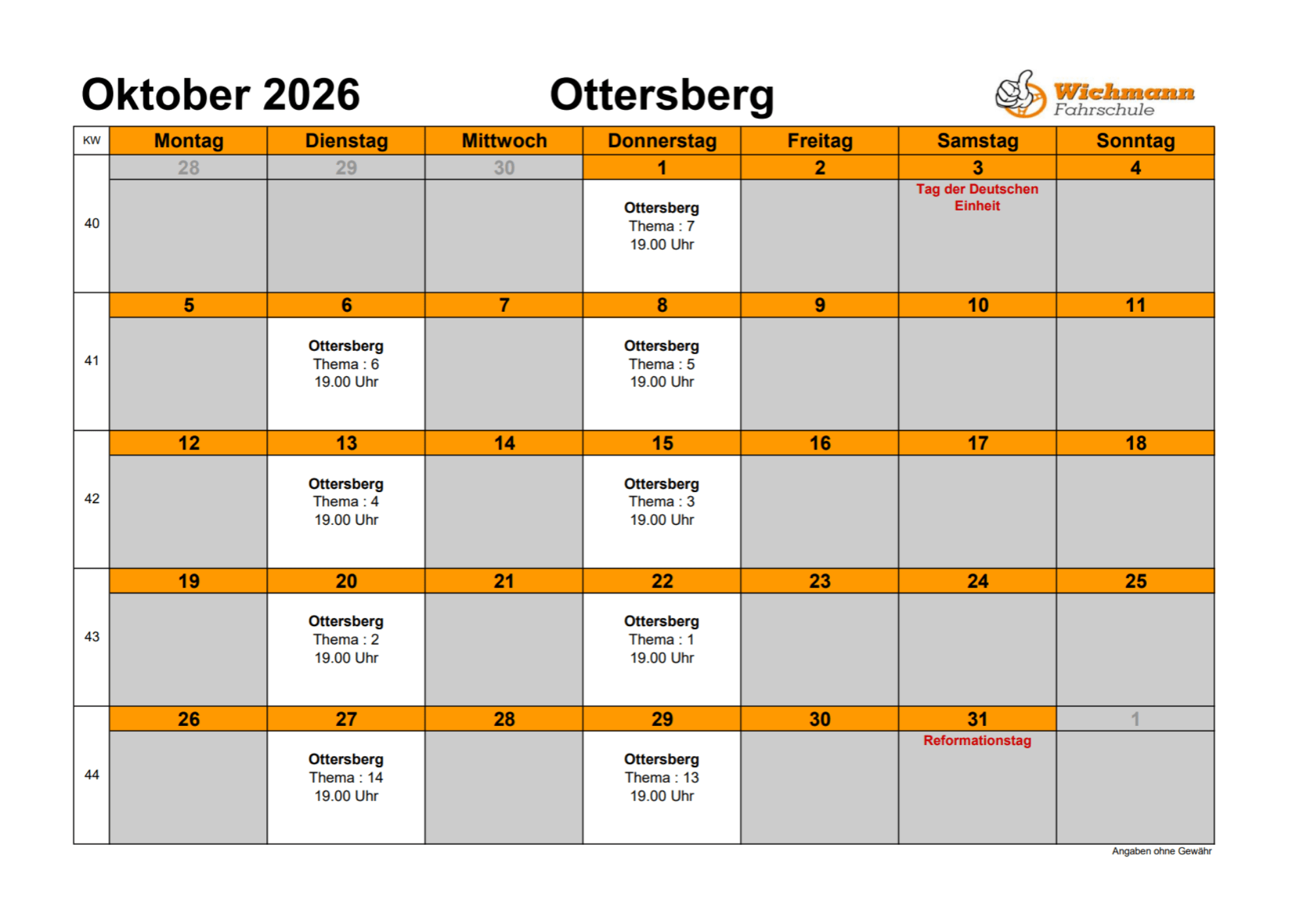 Stundenplan für den Theorieunterricht des Monats Juni 2025
